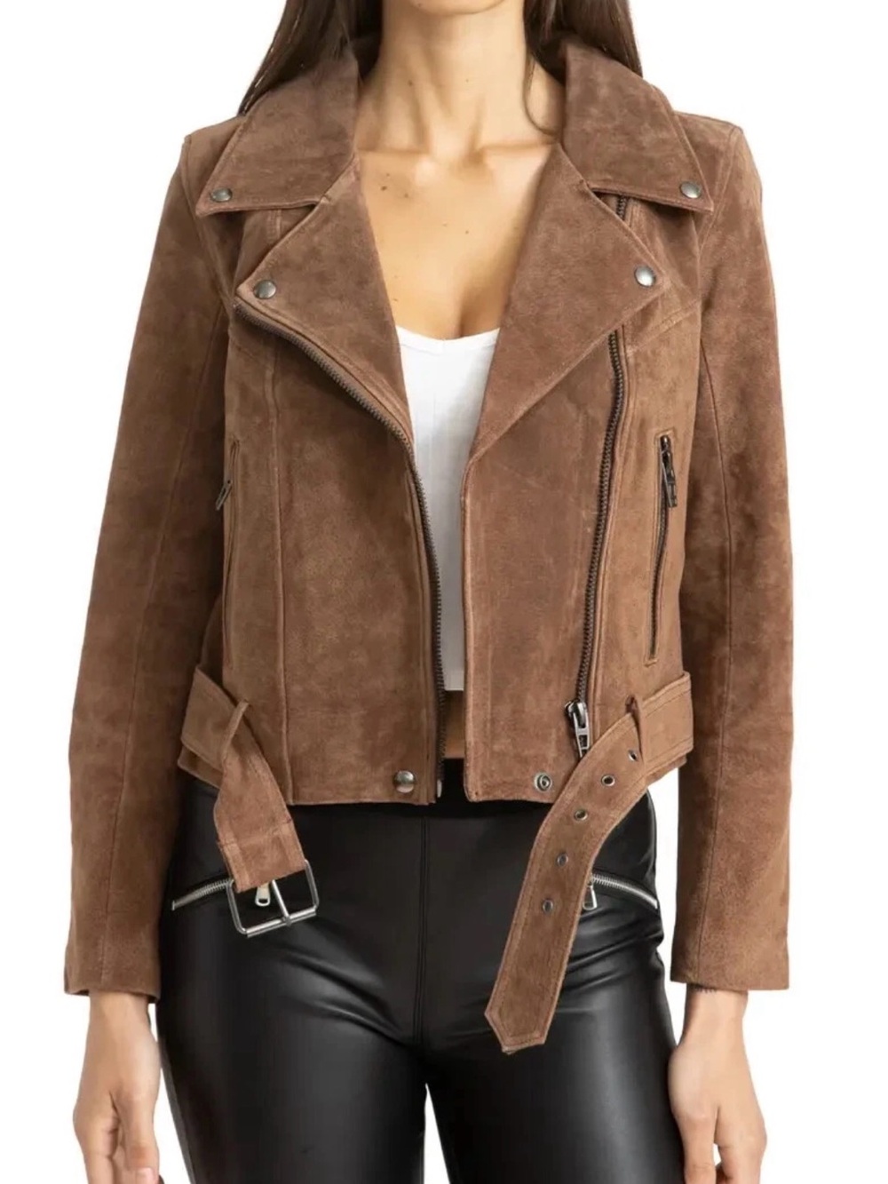 Blank NYC Brown Suede Belted Moto Jacket size Small S cropped